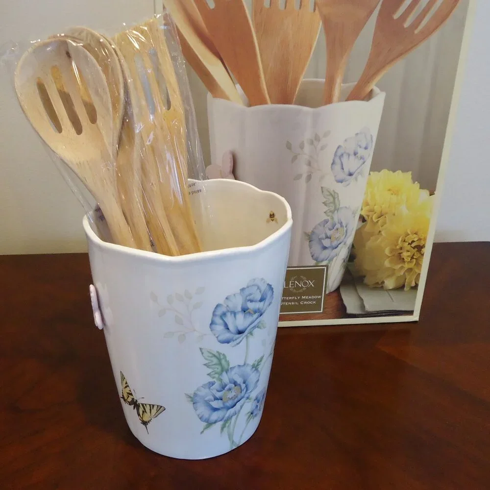 Lenox Butterfly Meadow Utensil Crock w/Wooden Spoons
